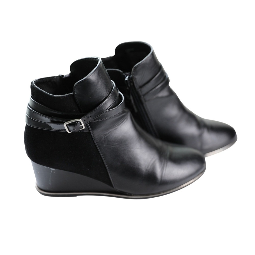 Steve‎ Madden Chrissy Black Wedge Ankle Boots Buckle Strap Mixed Media Size 6M